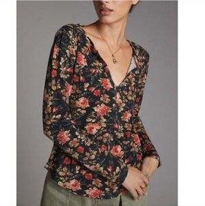Pilcro Anthropologie Waffle Top Small Black Floral Print Long Sleeve S